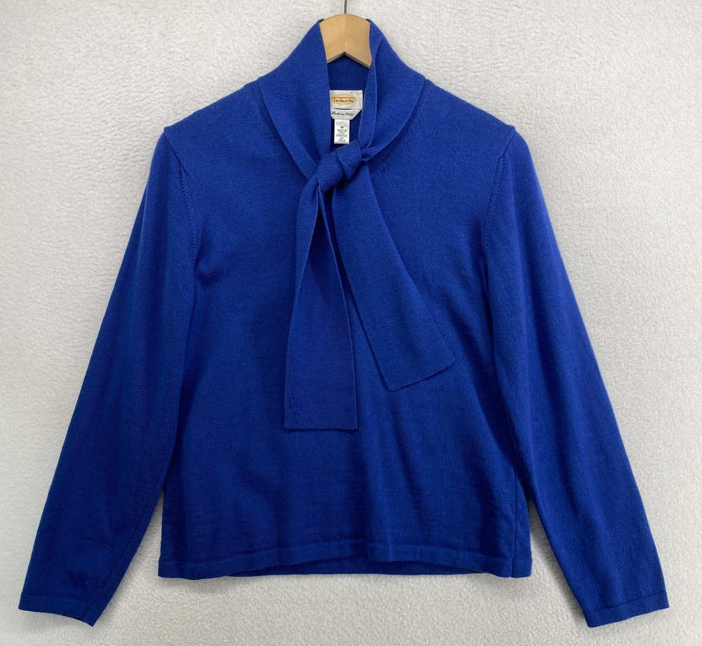 TALBOTS Sweater M Merino Wool Knit Top Tie Neck Long Sleeve Pullover Blue Italy